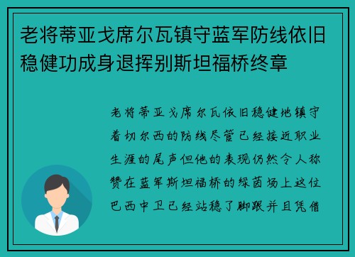 老将蒂亚戈席尔瓦镇守蓝军防线依旧稳健功成身退挥别斯坦福桥终章 老将蒂亚戈席尔瓦镇守蓝军防线依旧稳健功成身退挥别斯坦福桥终章