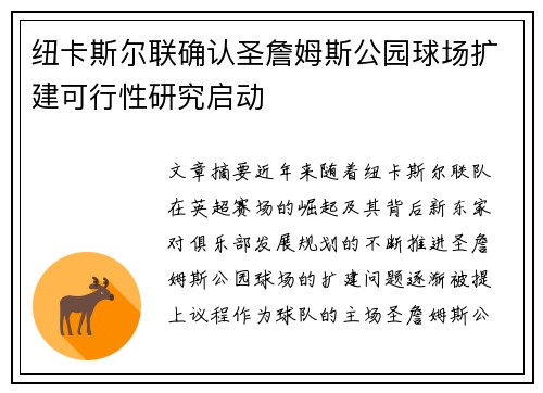 纽卡斯尔联确认圣詹姆斯公园球场扩建可行性研究启动